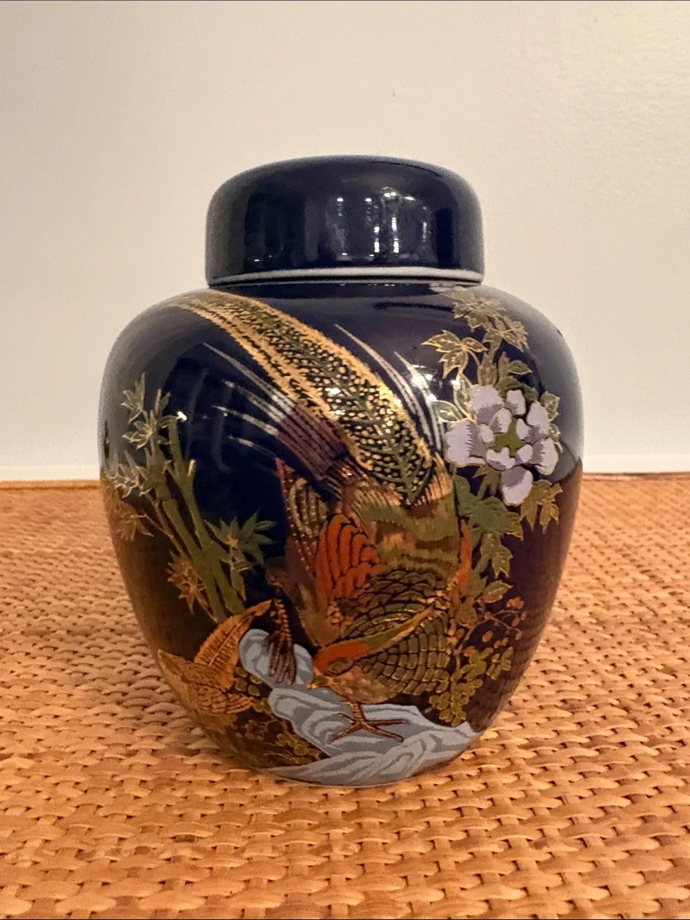 Vintage Cobalt Blue Ginger Jar with Pheasant & Floral Motif, Made in Taiwan 5.5